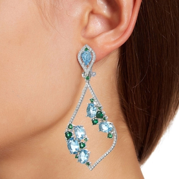 Savvy Cie Lab-Created CZ Cluster Open Tear Drop Earrings Blue Sliver - Picture 1 of 10
